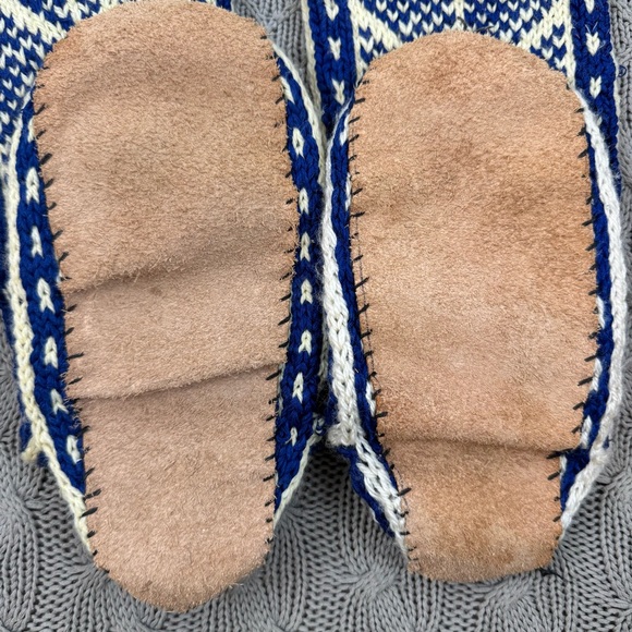 Vintage Blue and Cream Wool & Leather Hand Knit Slipper Socks ~ Small - Picture 6 of 11